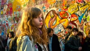 Jeune adultes souriant dans une multi coloré ville rue graffiti scène généré par ai photo