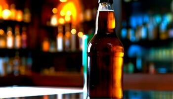 rafraîchissant Bière verre sur bar compteur illuminé dans content heure généré par ai photo