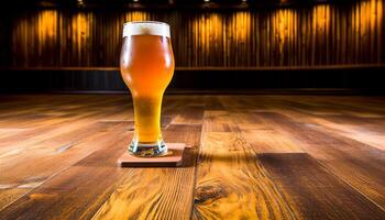 mousseux Bière dans or verre sur en bois pub table à l'intérieur généré par ai photo