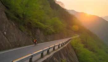 un la personne cyclisme par Montagne paysage, profiter Extérieur aventure généré par ai photo