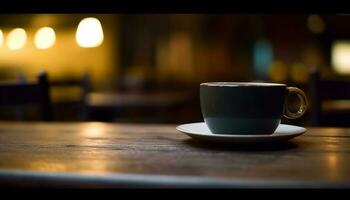 chaud café sur en bois soucoupe, parfait pour intérieur relaxation généré par ai photo