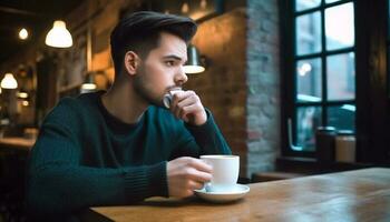 caucasien homme jouit café Pause à ville café avec téléphone généré par ai photo