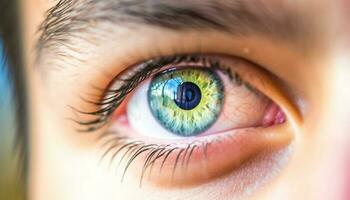 bleu et vert yeux en regardant, proche en haut portrait de Jeune femmes généré par ai photo