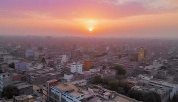 multi coloré horizon à crépuscule, ville la vie haute en haut au dessus généré par ai photo