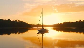 voile yacht glisse sur tranquille eau, rétro-éclairé par le coucher du soleil généré par ai photo