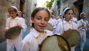souriant école les enfants en jouant percussion instruments à traditionnel Festival généré par ai photo