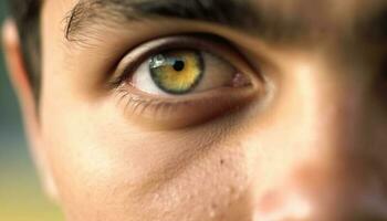 caucasien adulte bleu œil regarder à caméra avec sélectif concentrer généré par ai photo