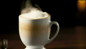 mousseux cappuccino dans élégant bois tasse, parfait pour relaxation généré par ai photo