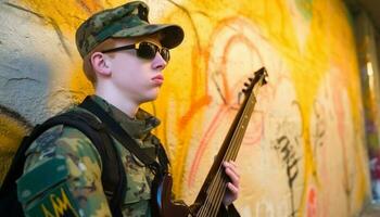 Jeune adulte guitariste en jouant acoustique guitare en plein air dans été mode généré par ai photo