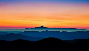 Montagne de pointe silhouette à aube, beauté dans la nature lumière du soleil généré par ai photo