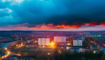 brillant ville horizon illuminé par multi coloré le coucher du soleil plus de spectaculaire ciel généré par ai photo