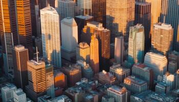 moderne grattes ciels éclairer le Urbain horizon à crépuscule au dessus ville des rues généré par ai photo