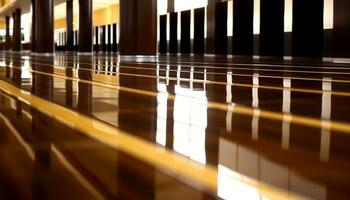 futuriste Bureau hall avec brillant Jaune à motifs sol et verre des murs généré par ai photo