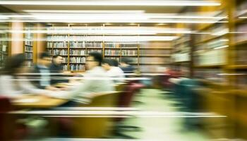 occupé moderne librairie avec flou mouvement de en marchant les clients et élèves généré par ai photo