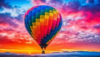 vibrant chaud air ballon monte en flèche milieu air, une coloré aventure généré par ai photo