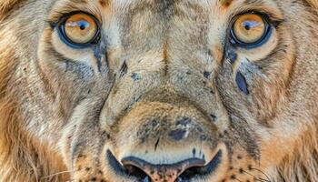 majestueux Lion en regardant, concentrer sur premier plan, beauté dans la nature généré par ai photo