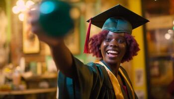 Jeune africain américain femme fête Succès dans l'obtention du diplôme la cérémonie en plein air généré par ai photo