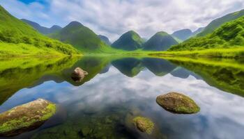 idyllique Montagne de pointe reflète Naturel beauté dans tranquille scène généré par ai photo