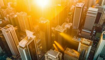 futuriste ville horizon illuminé par lumière du soleil, croissance et développement haute en haut généré par ai photo