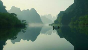 chinois les pêcheurs sur en bois radeau prendre plaisir tranquille Montagne réflexion généré par ai photo