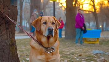 Jaune retriever séance dans herbe, à la recherche à caméra avec joie généré par ai photo