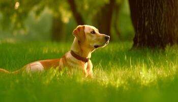 mignonne de race chiot en jouant dans vert Prairie avec sélectif concentrer généré par ai photo