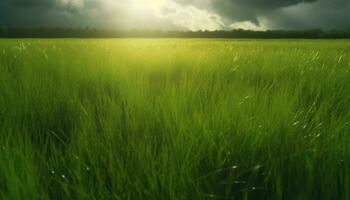 tranquille Prairie dans été, blé des champs lueur en dessous de le coucher du soleil ciels généré par ai photo