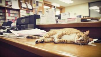 mignonne chaton en train de dormir sur bureau, entouré par livres et La technologie généré par ai photo