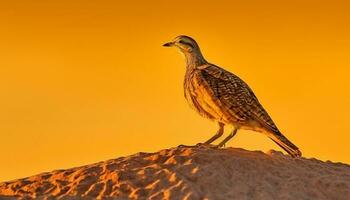 sauvage faucon se percher sur sable, retour allumé par le coucher du soleil beauté généré par ai photo