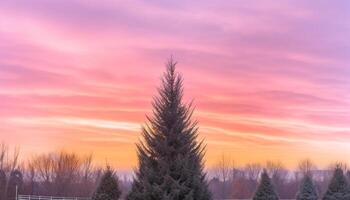 vibrant le coucher du soleil silhouettes pin arbre dans tranquille hiver paysage généré par ai photo