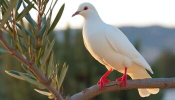 mouette se percher sur bifurquer, à la recherche en dehors à tranquille mer généré par ai photo