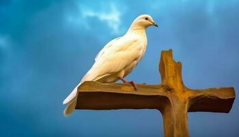 Jaune mouette se percher sur bifurquer, symbole de paix et liberté généré par ai photo