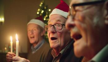 actif les personnes âgées en portant cadeau, souriant à caméra, illuminé fête un événement généré par ai photo