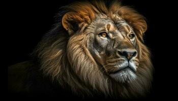 majestueux Lion avec une féroce regard dans africain savane généré par ai photo