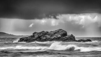 spectaculaire littoral, s'écraser vagues, rugueux le surf, monochrome beauté dans la nature généré par ai photo