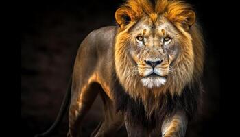 majestueux lionne en marchant dans le savane, regarder avec agression généré par ai photo