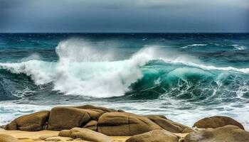 rupture vagues crash contre rocheux littoral, création admiration inspirant paysage marin généré par ai photo