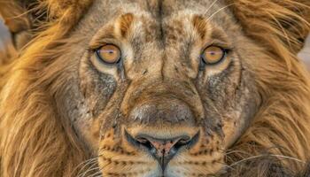 proche en haut félin mammifère, non domestiqué chat, Lion dans la nature sauvage animaux généré par ai photo