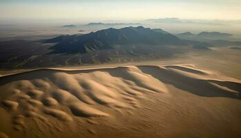 éloigné le sable dunes ondulation dans aride africain paysage à le coucher du soleil généré par ai photo