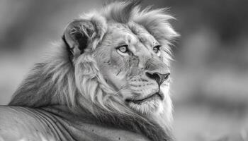 majestueux lion, Roi de le savane, regarder dans caméra généré par ai photo