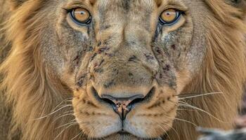 majestueux Lion proche en haut portrait, à la recherche à caméra avec force généré par ai photo