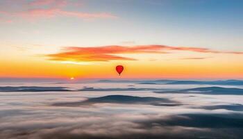 Montagne de pointe à crépuscule, chaud air ballon en volant haute en haut généré par ai photo