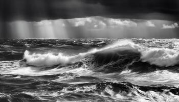 beauté dans la nature noir et blanc paysage marin, s'écraser vagues admiration généré par ai photo