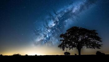 silhouette de arbre contre étoile champ dans majestueux paysage généré par ai photo