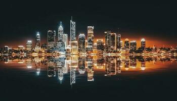 illuminé grattes ciels réfléchir sur l'eau dans moderne financier district à crépuscule généré par ai photo