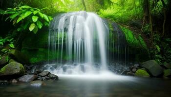 lisse écoulement l'eau cascades vers le bas tropical forêt tropicale falaise, pur beauté généré par ai photo