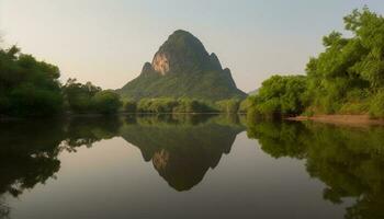 tranquille scène de Montagne intervalle réfléchi dans étang à crépuscule généré par ai photo