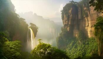 tranquille le coucher du soleil une randonnée par majestueux tropical forêt tropicale Montagne intervalle généré par ai photo