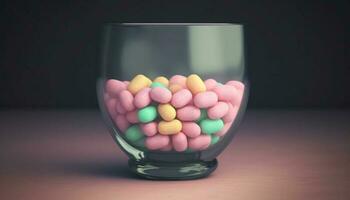 multi coloré pilule effusion de verre bol, une dose de rafraîchissement généré par ai photo