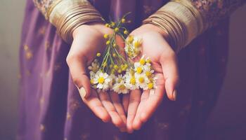 caucasien femme en portant bouquet de Jaune marguerites, en plein air dans été généré par ai photo